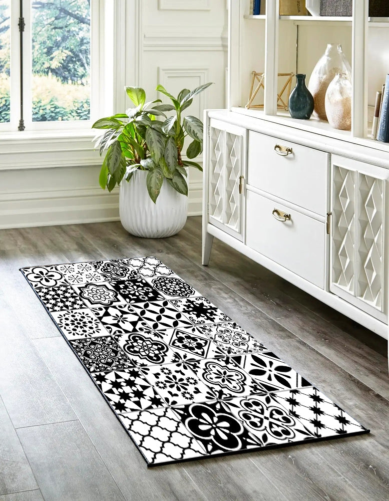 דגם שחור לבן פסיפס PVC שטיח